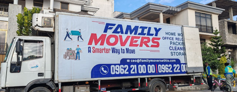 Family Movers Ethio branded Isuzu truck ready for house and office moves in Addis Ababa
