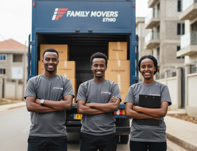 Professional Ethiopian team of Family Movers Ethio standing proudly in front of their moving truck, symbolizing reliable moving services.