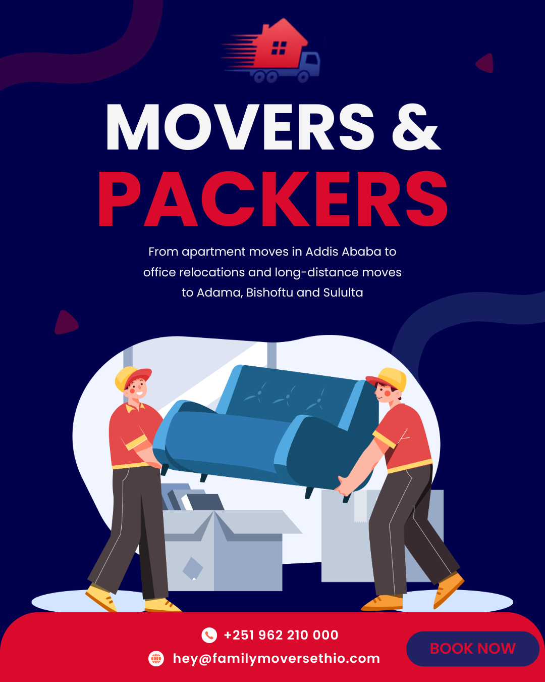 Family Movers Ethio sidebar advertisement promoting movers and packers services for apartment moves, office relocations, and long-distance moves to Bishoftu and Sululta with Book Now call to action